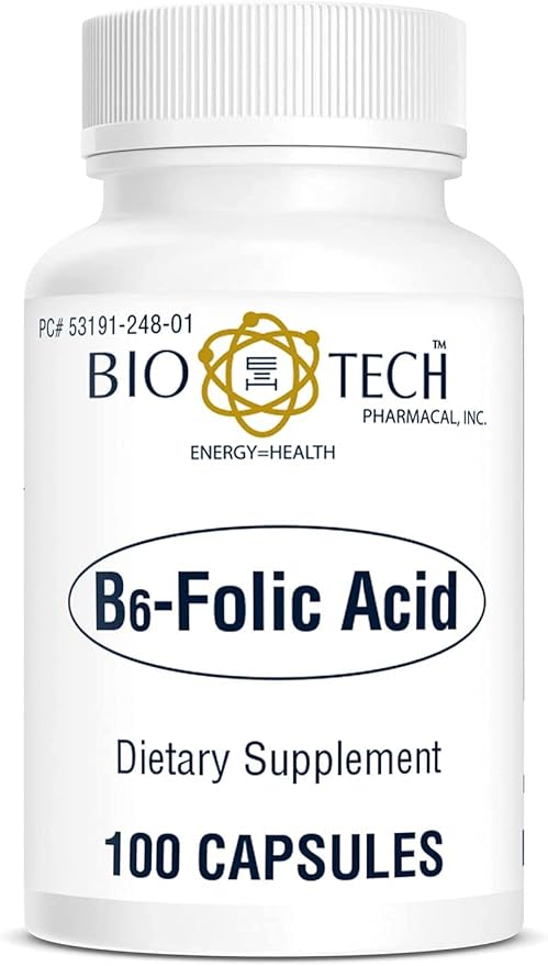 Bio-Tech Pharmacal B6-Folic Acid 100 Capsules – All-Natural Supplement – Supports Cardiovascular Bone &amp Nervous System Health – No Dairy Fish Gluten Peanut Shellfish Halal &amp Soy – No
