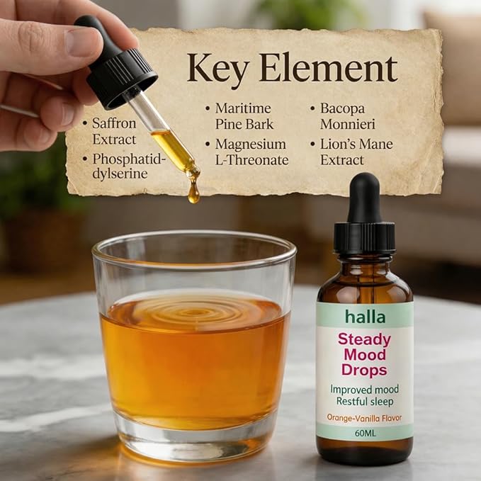 Halla Steady Mood Drops with Saffron Extract – Fast Absorption Cognitive &amp Emotional Balance Supplement – Advanced Brain Nutrient Blend – Orange Vanilla Flavor 2 fl oz