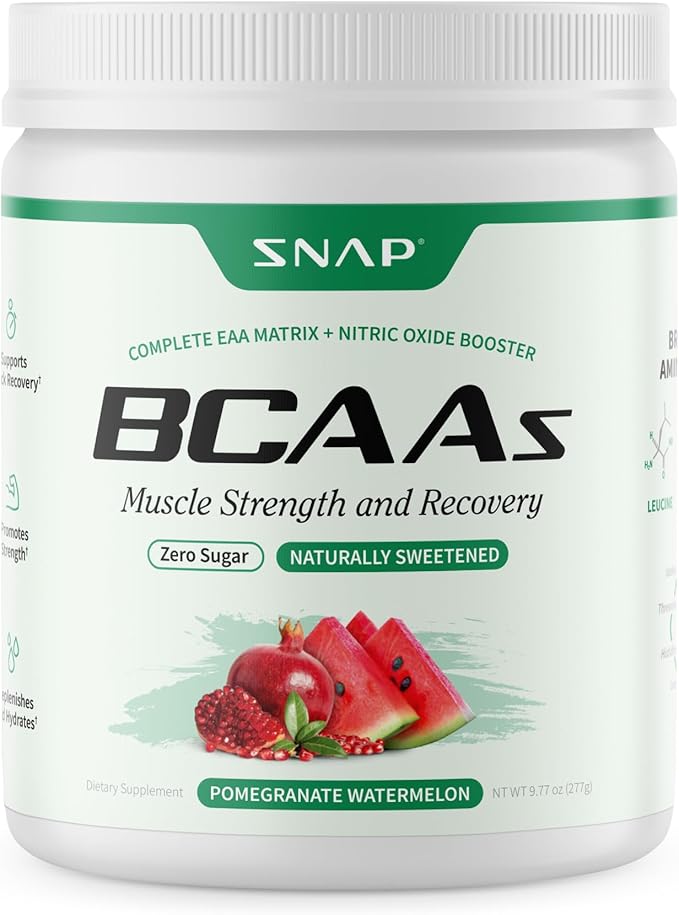 Snap Supplements BCAA Powder - 5g Vegan Branched Chain Amino Acids (2:1:1 Leucine Isoleucine Valine) + Essential Amino Acids with Nitric Oxide Booster 30 Servings Pomegranate Watermelon