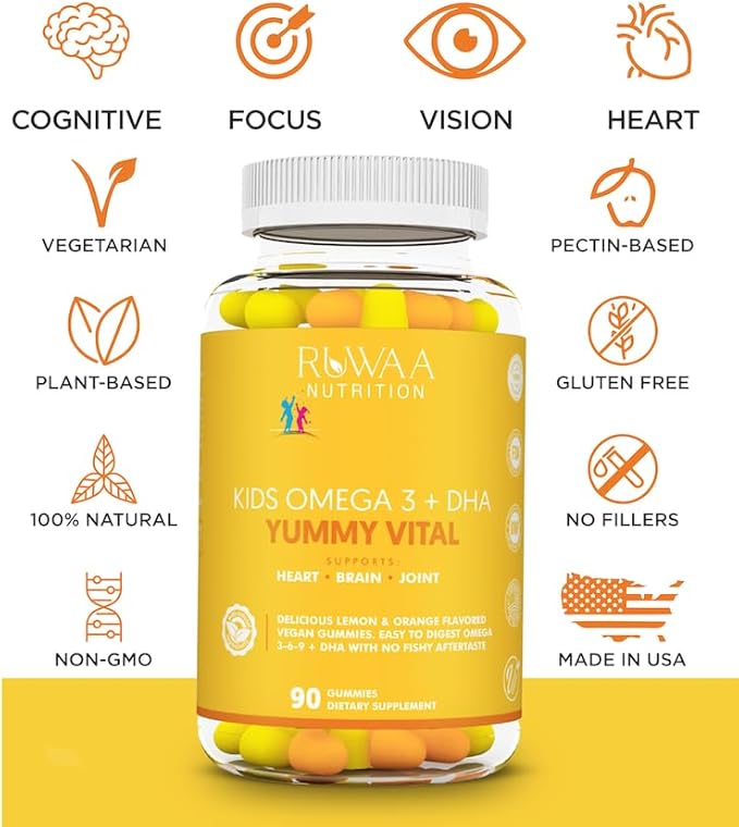 RUWAA NUTRITION Vegan Omega 3 Fatty Acid Supplements. Fish Oil Gummies DHA Kids Supplement with Vitamin C. Children's Heart Health Cognitive Development Attention Vision &amp Behavior. 270ct (3)