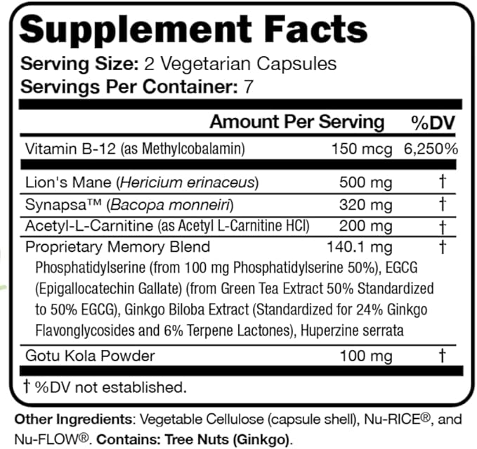 Suzy Cohen Memory Script with Lions Mane Phosphatidylserine Green Tea Extract and Ginkgo - Brain Support Supplement for Focus - Nootropic Capsules for Cognition Faster Recall and Mood