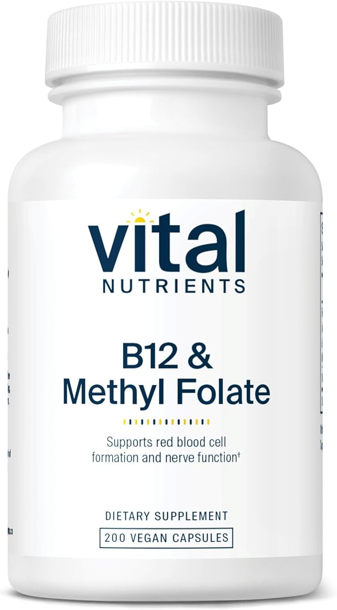 Vital Nutrients Vitamin B12 &amp Methyl Folate - Vegan Methylated Folate &amp B12 Supplement - 5-MTHF Plus B12 Supports Nervous System &amp Metabolism* - Gluten Dairy Soy Free - 200 Capsules