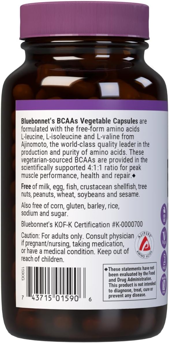 Bluebonnet Nutrition BCAAs 4:1:1 Ratio Muscle Performance* Muscle Health* Muscle Repair* Non-GMO Vegan Kosher Certified Gluten-Free Soy-Free Dairy-Free 120 Vegetable Capsules 30 Servings