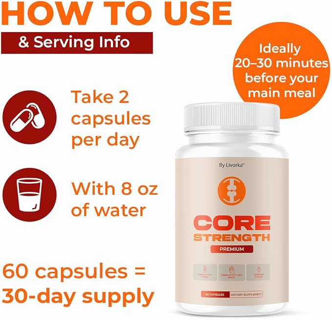 Core Strength - Official Core Strength Premium Capsules All Natural Ingredients Advanced Formula Daily Pills Overall Health &amp Wellness Support Vitamin Reviews 60 Capsules for 1 Month