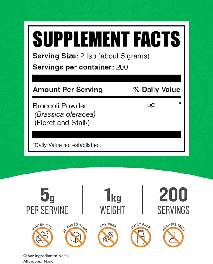 BulkSupplements.com Broccoli Powder - Broccoli Floret &amp Stalk Powder Sulforaphane Supplement - Vegan &amp Gluten Free 5g per Serving 1kg (2.2 lbs) (Pack of 1)