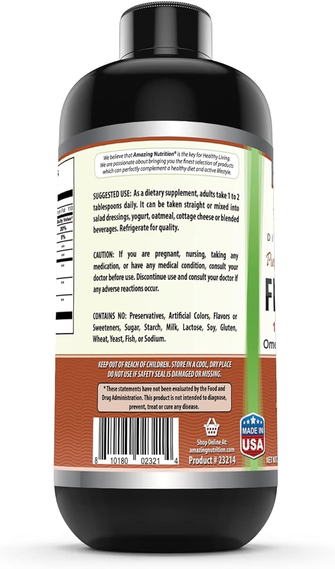 Amazing Omega Flaxseed Oil Supplement | Omega 3 Lignans &amp Fiber | 16 Oz | Non-GMO | Gluten Free | Made in USA