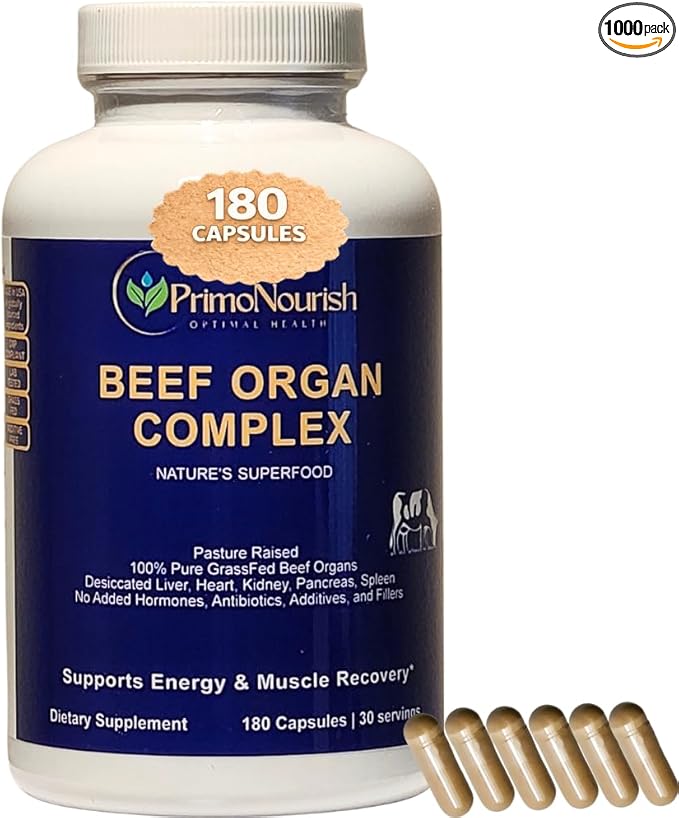 Beef Organ Supplement Capsules for Energy &amp Vitality – Grass-Fed Organ Complex (Liver Heart Kidney Pancreas Spleen) 180 Capsules Hormone-Free Made in USA