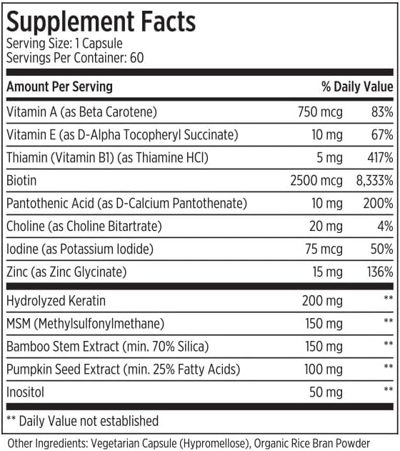 LES Labs Hair Health – Hair Growth &amp Nails Supplement Improved Thickness Strength &amp Fullness – Keratin Biotin Pumpkin Seed &amp MSM – 60 Capsules