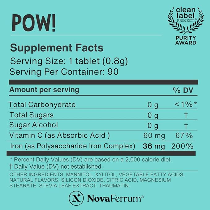 NovaFerrum Pow | Chewable Iron Supplement for Kids &amp Adults Ages 12 and Over | Anemia | 36mg of Iron | 90 Servings | Sugar Free