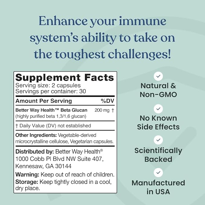 Better Way Health™ - Advanced Immune Readiness - Highly Purified 13/16 Beta Glucan 100 - Clinically Tested Immune Defense - 100mg/60 Capsules