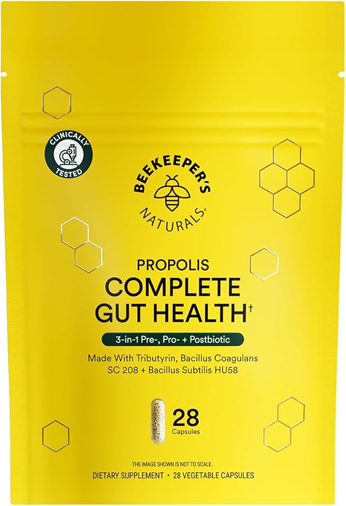 Beekeeper's Naturals Complete Gut Health 3-in-1 Prebiotic Postbiotic Probiotics for Digestive Health &amp Bloating Relief for Women &amp Men Propolis Powered Gluten-Free Vegan Capsules 28ct