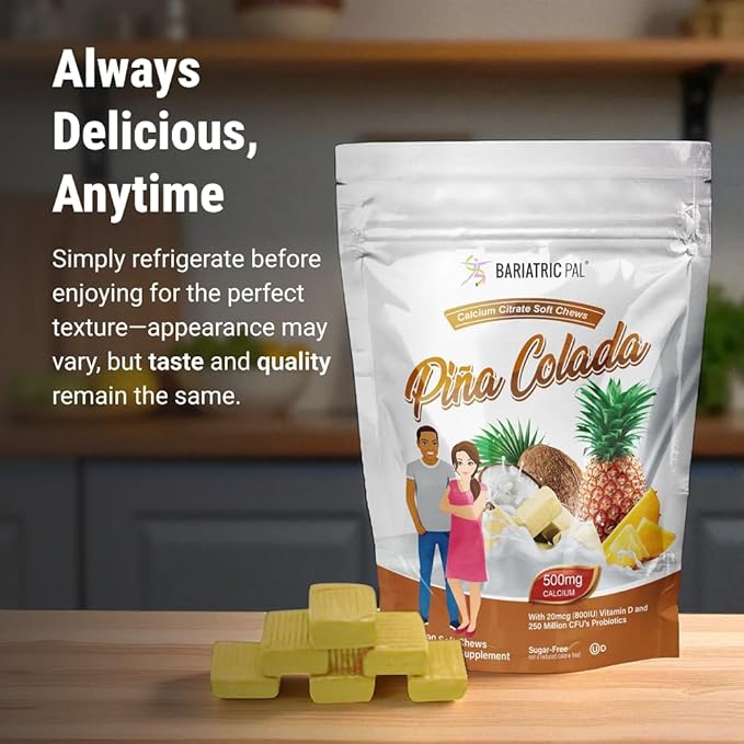 BariatricPal Sugar-Free Calcium Citrate Soft Chews | 500mg with Vitamin D &amp Probiotics | Piña Colada | 90 Count (1 Month Supply)