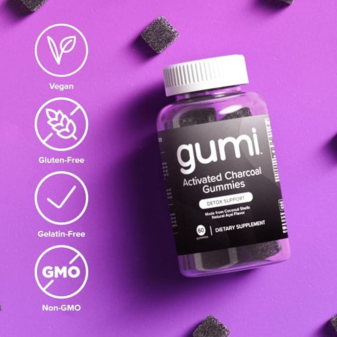 Gumi Nutrition Coconut Activated Charcoal Gummies - Charcoal Supplements for Detox Oral Health &amp Gut Health - 200mg Gummy Vitamin - Gluten Free Vegan &amp Non GMO - Natural Açaí Flavor (60 Coun