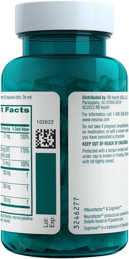 NEURIVA Ultra Decaf Clinically Tested Nootropic Brain Supplement for Mental Alertness Memory Focus &amp Concentration Cognivive Neurofactor Phosphatidylserine Vitamin B6 B12 60 Caps (2 Pack)