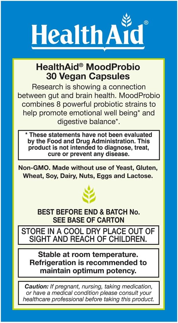 HealthAid MoodProbio 30 Ct 30 Billion CFU with Prebiotic 8 Selected Strains Once Daily Acid &amp Bile Resistant Gluten Dairy and GMO Free Vegan
