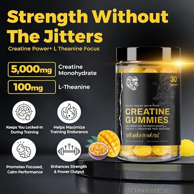 Creatine Gummies for Men &amp Women – Creatine Monohydrate + L-Theanine for Strength Energy &amp Focus – Vegan Non-GMO Gluten Free Made in USA – 120 Count (30 Servings)