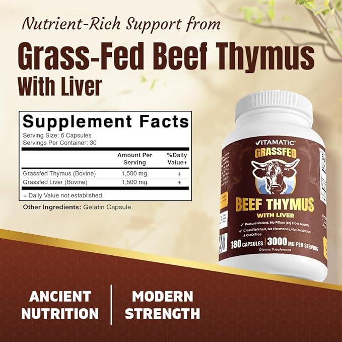 Vitamatic Grass-Fed Beef Thymus + Liver 180 Capsules – Freeze-Dried Non-GMO Bovine Liver Supplement – Pasture-Raised Glandular-Based Formula
