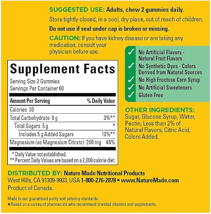Nature Made Magnesium Citrate Gummies–Men &amp Women Multivitamin (200mg per Serving 120 Gummies) + Bonus 1 Elbow Support