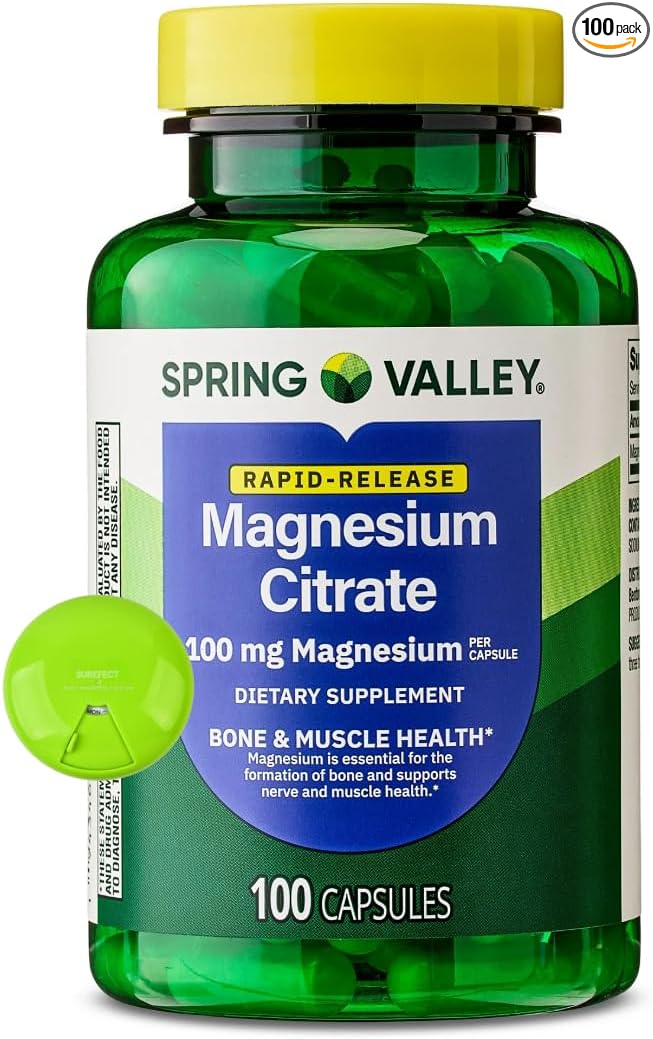 Spring Valley Rapid-Release Magnesium Citrate Bone Health Dietary Supplement Capsules 100 mg 100 Count + SUREFECT Organizer.