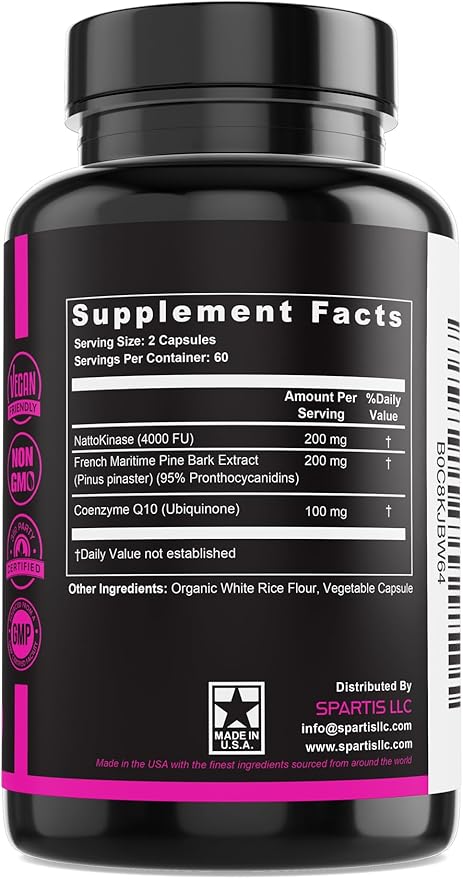 SPARTIS Nattokinase Supplement 4000 FU CoQ10 100mg French Maritime Pine Bark Extract 200mg with Enzymes for Circulatory &amp Cardiovascular Support (Pack of 1 at 120-Caps)