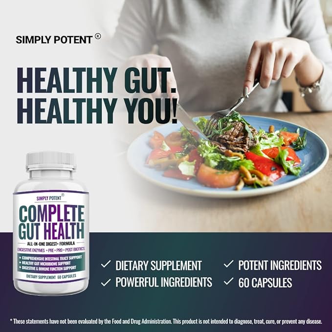 Simply Potent |Digestive Enzymes with PrebioticsProbiotics &amp Postbiotics – 4-in-1 Complete Gut Health Formula with Bacillus CoagulansAmylaseLipase &amp Bromelain |Non-GMOGlutenFreeVegan |60
