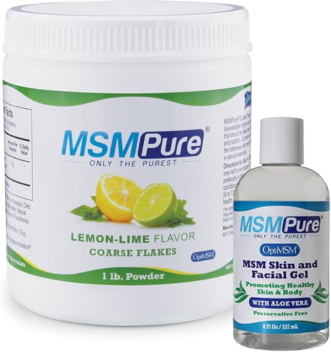 KALA HEALTH MSMPure Lemon Lime Flavored MSM Coarse Flakes 1lb and MSM Gel with Organic Aloe 8oz Bundle