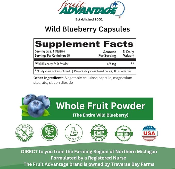 Wild Blueberry Dietary Supplement (Case of 12) : 60 Vegetarian Capsules 425 mg