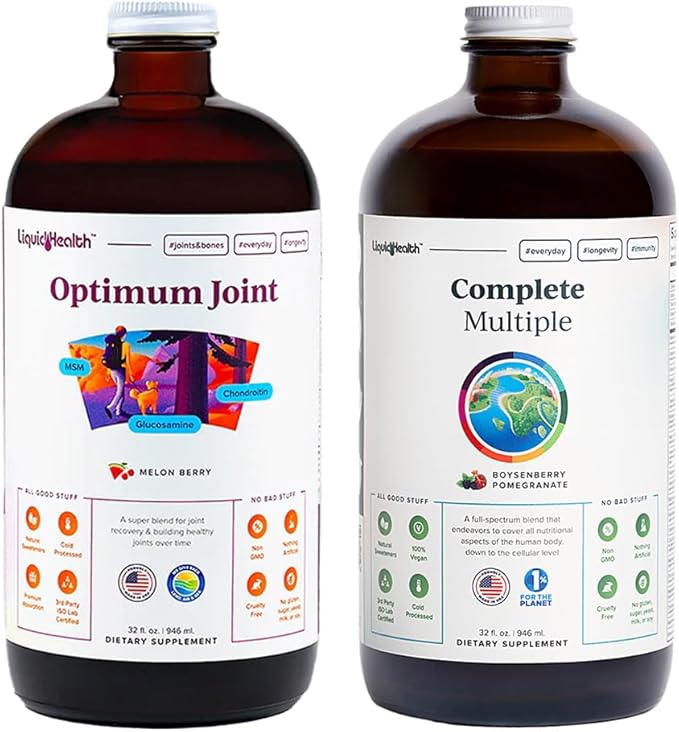 LIQUIDHEALTH Optimum Joint Glucosamine Chondroitin Supplement &amp Complete Multiple Daily Multivitamin Bundle for Men &amp Women - Immune Support Bone Joint Health Whole Foods - USA Made Vegan