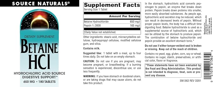 Source Naturals - Betaine HCl Hydrochloric Acid Source 650 mg. - 180 Tablets