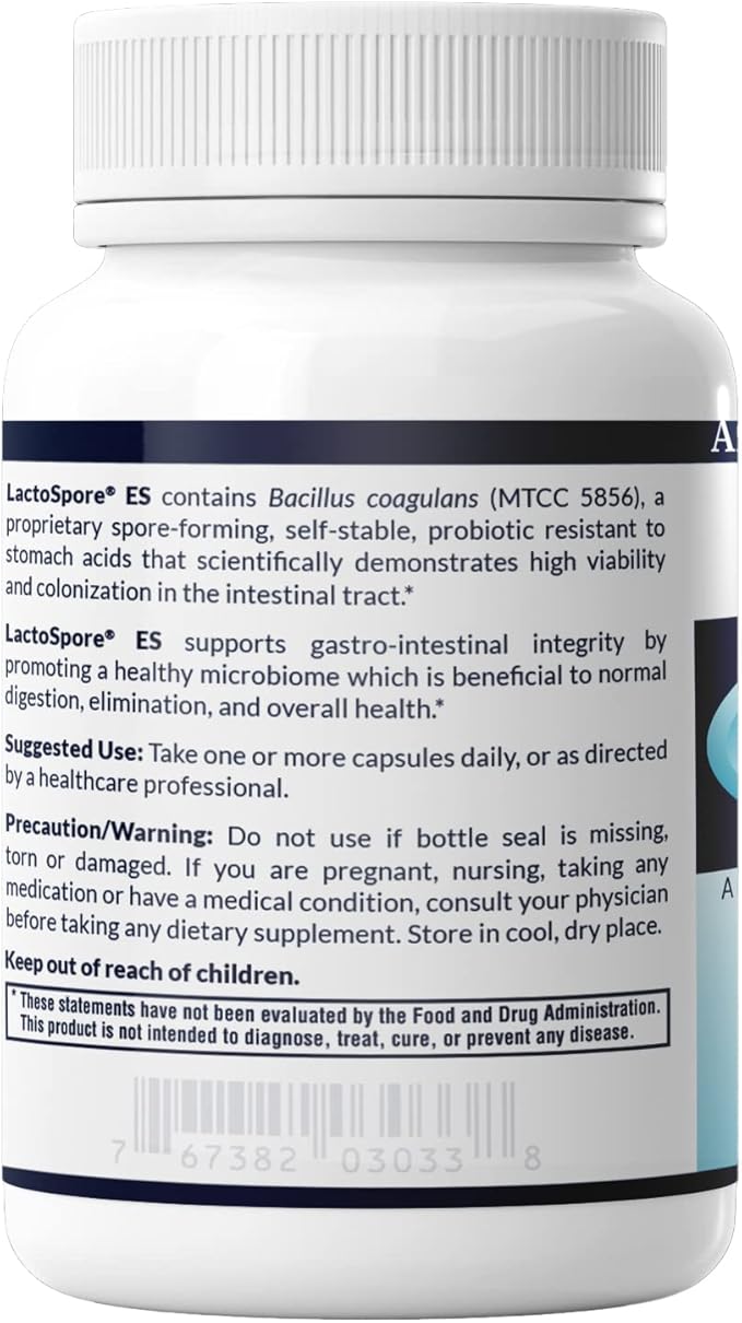 AFI LactoSpore® ES Spore Probiotic | 5B CFU Heyndrickxia Coagulans | Supports Gut Digestive Immune &amp Vaginal Health | Positive Mood Balance I Dairy Gluten &amp Soy Free | Made in USA - 60 Caps