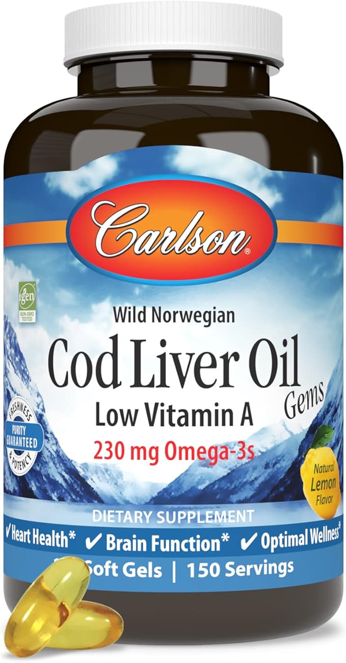 Carlson - Cod Liver Oil Gems Low Vitamin A 230 mg Omega-3s Norwegian Wild Caught Sustainably Sourced 150 Softgels