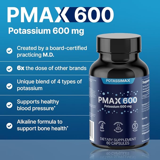 PMAX600 High Dose Pure Potassium Electrolyte Supplement 600mg Capsules 4-Type Potassium Blend-Citrate Gluconate BicarbonateChloride. Supports Healthy Blood Pressure Heart Kidneys Bones Muscles