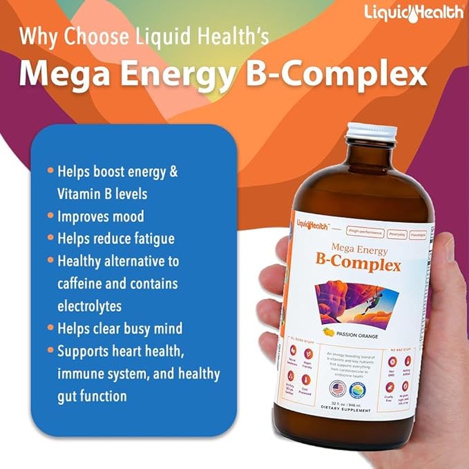 LIQUIDHEALTH Mega Energy Methylated B-Complex Adult Liquid Vitamin Supplement - Increase Energy Relieve Stress &amp Fatigue Immune Support Heart &amp Gut Health - Made in USA Vegan Sugar-Free