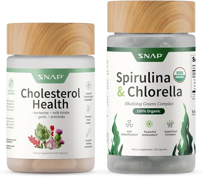Snap Supplements Cholesterol Health + Organic Spirulina and Chlorella Bundle 60 + 120 Vegetarian Capsules