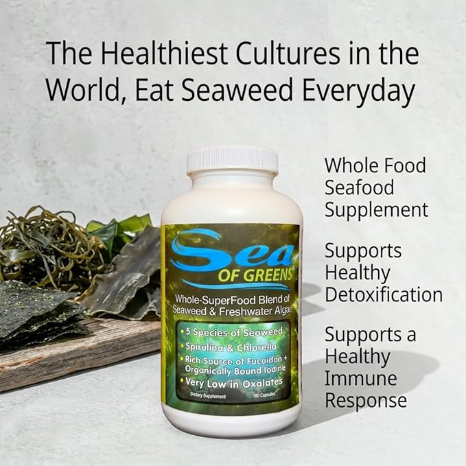 Sea of Greens – Organic Seaweed &amp Algae Superfood Blend – Spirulina Chlorella Bladderwrack Wakame – Natural Iodine &amp Fucoidan – Oxalate-Free – 180 Vegetable Capsules
