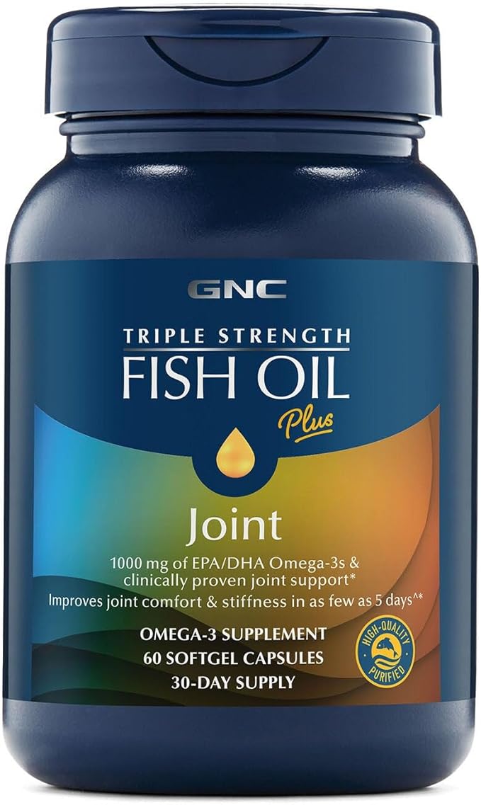 GNC Triple Strength Fish Oil Plus Joint Omega 3 1000mg EPA and DHA Heart Health Plus Fast 5 Day Comfort Brain Skin and Eye Antioxidants and Botanical Extracts Control Fish Burps 30 Servings