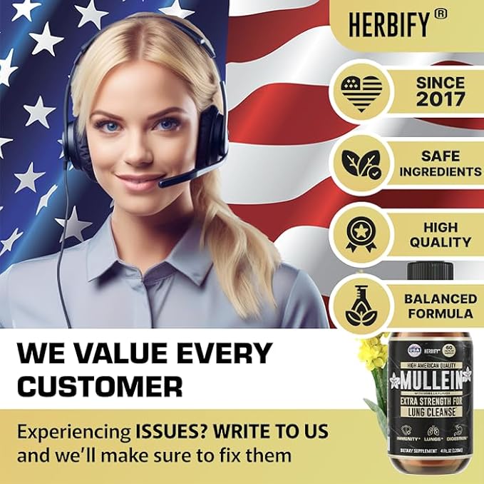 HERBIFY Mullein Drops - Lung Cleanse - Leaf Extract - Powerful Mullein for Immune Support Detox &amp Respiratory Support - Made in USA - 4 Oz Vanilla Flavor