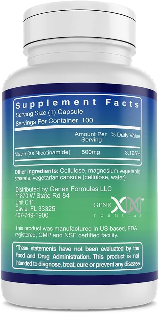Genex Formulas - Nicotinamide 500mg Vitamin B3 Flush Free Niacin Capsules for Healthy Skin - Niacinamide Supplement Pills Help Produce Keratin &amp Support Skin Cell Health &amp Energy - (100 Capsul