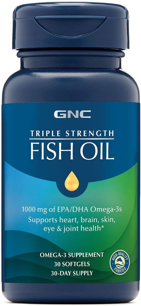 GNC Triple Strength Fish Oil Omega 3 Supplement 1000mg EPA and DHA Supports Heart Brain Skin Eye and Joint Health 30 Softgels