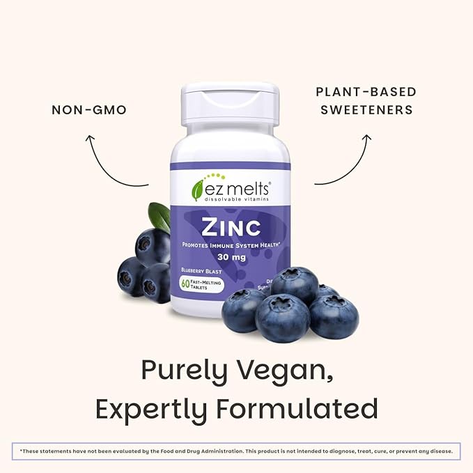 EZ Melts Zinc - Supplement for Immune Digestive &amp Skin Health Support - Non-GMO Vegan &amp Gluten-Free - Blueberry Blast - 120 Dissolvable Tablets (120 Servings)
