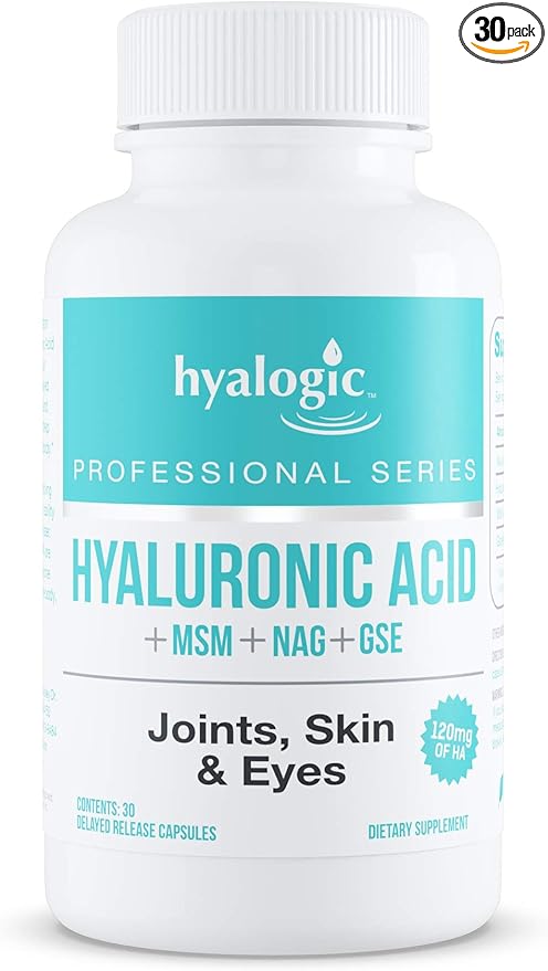 Hyalogic Hyaluronic Acid Delayed Release Capsules | Combo Formula w/Glucosamine MSM | Support Healthy Joints Eyes and Skin and Overall Body | Promote Healthy Skin | 120 mg | Non-GMO (30 Count)
