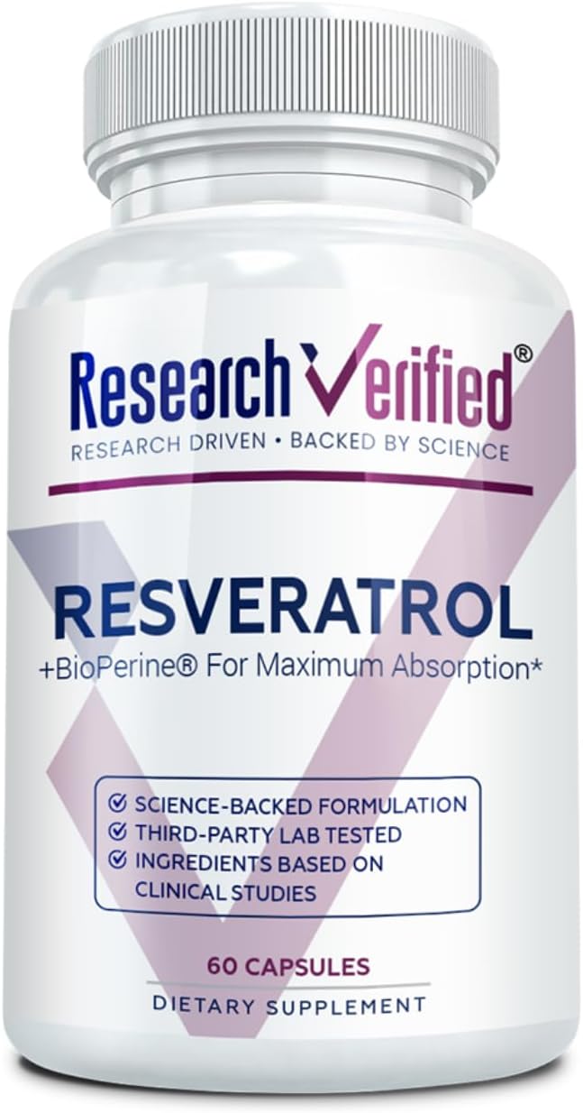Research Verified Resveratrol - 98% Trans-Resveratrol 1000 mg Anti-Aging Support - 1 Bottle - 60 Capsules