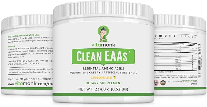 VitaMonk Clean EAA - EAAs with No Artificial Sweeteners for Pre-Workout Energy and Recovery - Max Bioavailable EAA Powder with 9 Essential Amino Acids - Natural Lemonade Flavor