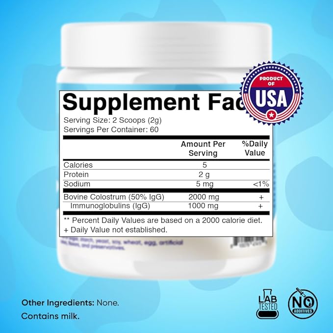 Vitamatic Bovine Colostrum Powder - 50% Highest IgG -120 Gram - Supplement for Gut Health Hair Growth Beauty Muscle Recovery &amp Immune Support - Easy to Mix - Unflavored - 60 Servings