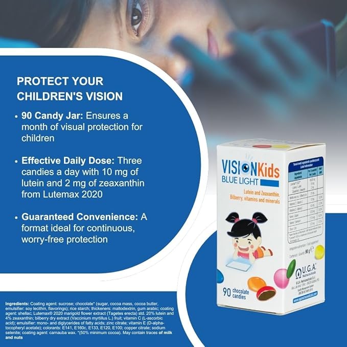 OMEGOR Lutein and Zeaxanthin Supplement for Kids Eyes (90 Chocolate Dragèes) - Vision Kids Blue Light Eyesight Supplement for Retina Protection