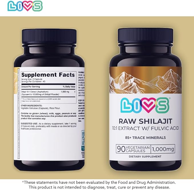 LIVS Raw Himalayan Shilajit Capsules - 1000mg per Serving - Concentrated 10:1 Extract with Fulvic Acid &amp 85+ Trace Minerals - Daily Energy &amp Immune Support - Vegan Non-GMO - 90 Count