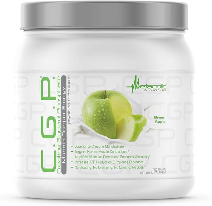 Metabolic Nutrition CGP Creatine Glycerol Phosphate 100% Micronized Creatine Powder Pre Intra Post Workout Supplement Green Apple 400 Grams (40 Servings)