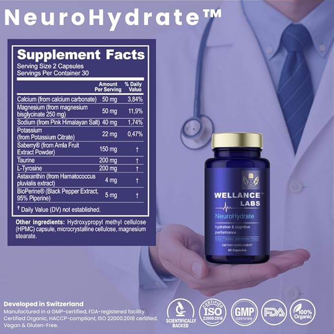 NeuroHydrate Cognitive Performance &amp Hydration Supplement with Electrolytes Amla &amp Astaxanthin
