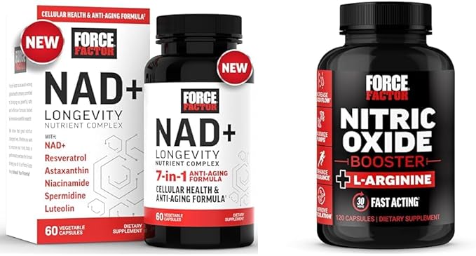 Bundle of FORCE FACTOR NAD+ FORCE FACTOR Nitric Oxide Booster Fast-Acting Formula with L-Arginine Boosts Nitric Oxide Levels Maximize Muscle Pumps Enhance Endurance 120 Capsules