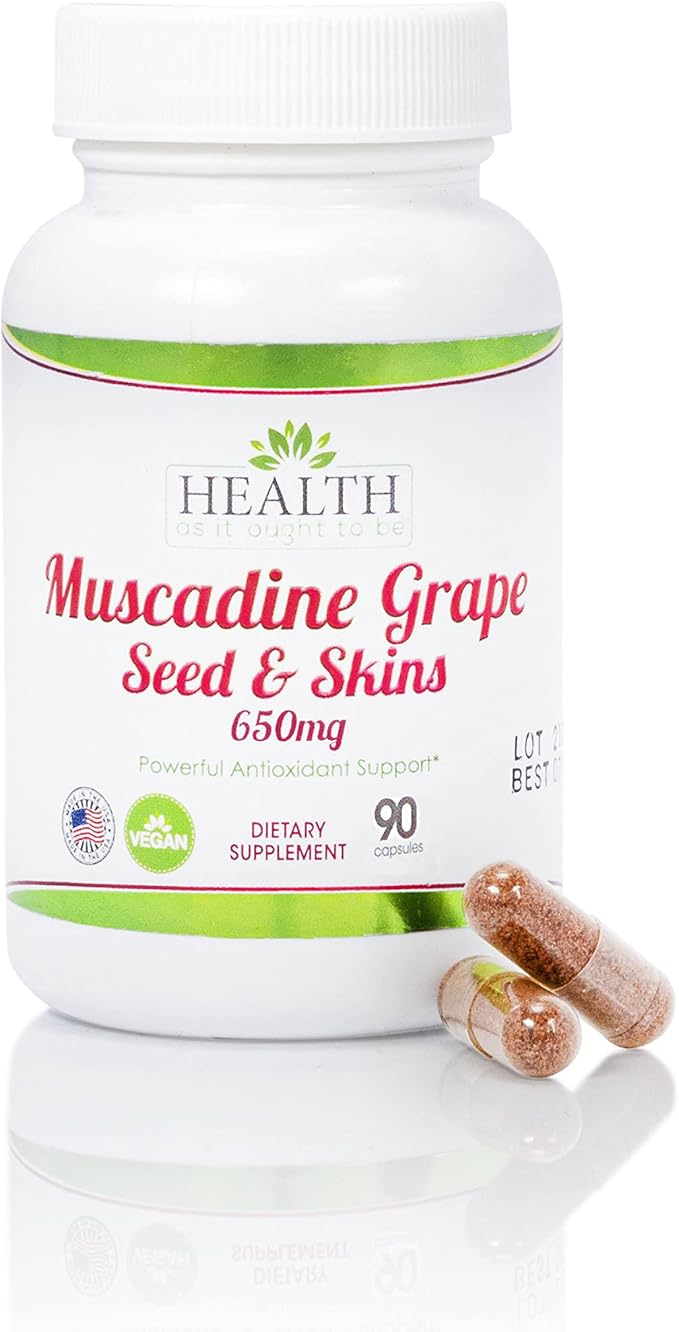 Health As It Ought To Be Muscadine Grape Seed &amp Skins 650 mg Supplement | Physician Formulated Powerful Antioxidant Support Beyond The Average Grape | 90 Capsules